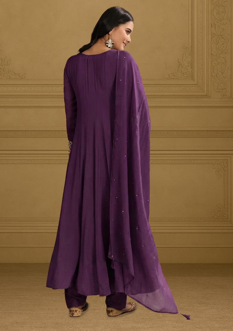 Purple Chinon Handwork Anarkali Set - Indya