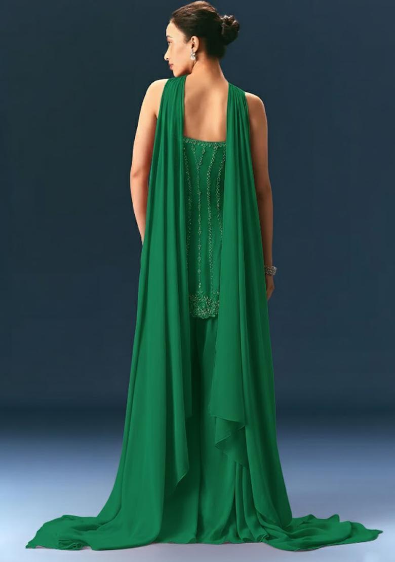 Emerald Green Crepe Handwork Sharara Set - Indya