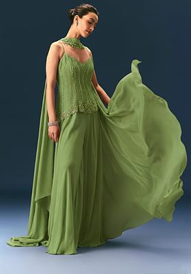 Sage Green Crepe Handwork Sharara Set