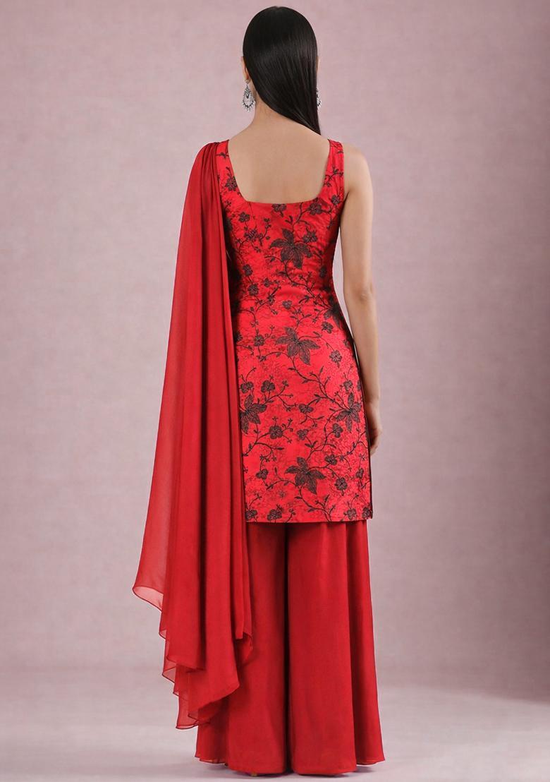 Deep Red Embroidered Chanderi Sharara Set - Indya