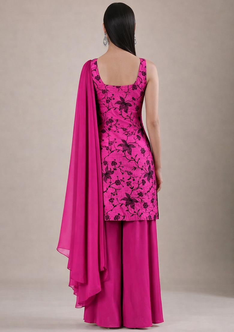 Rani Pink Embroidered Chanderi Sharara Set - Indya