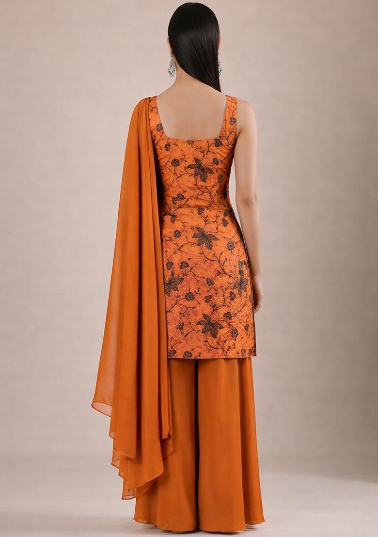 Rust Embroidered Chanderi Sharara Set - Indya