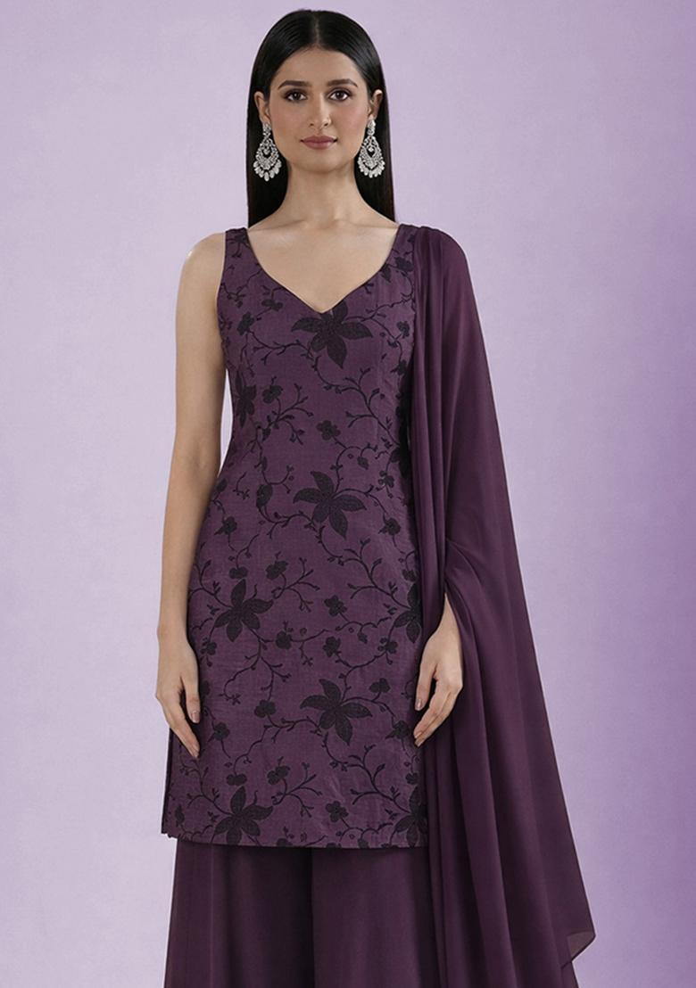 Plum Purple Embroidered Chanderi Sharara Set - Indya
