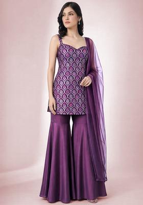 Deep Purple Zari Satin Sharara Set