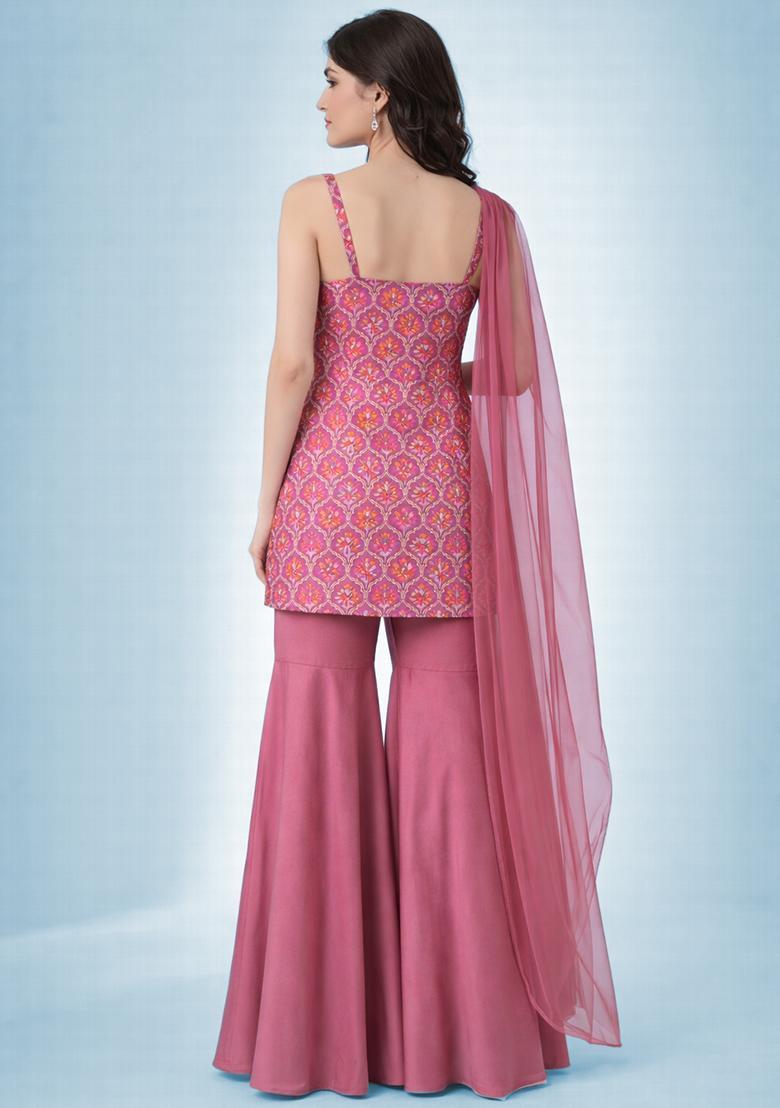 Blush Pink Zari Satin Sharara Set - Indya