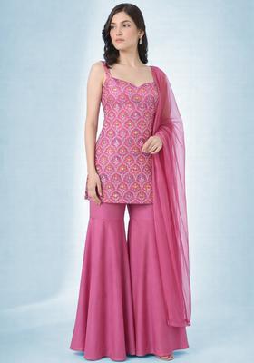 Pink Zari Satin Sharara Set