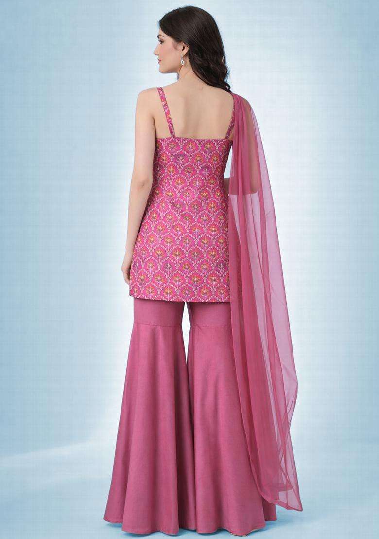Pink Zari Satin Sharara Set - Indya