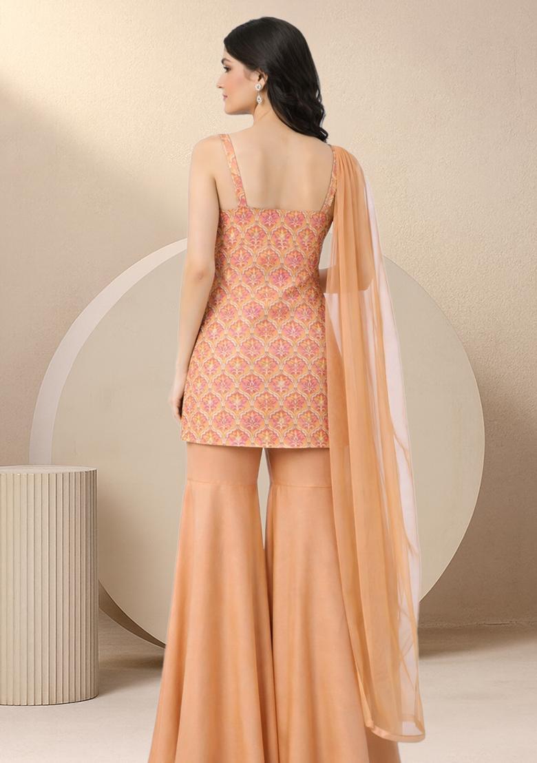 Peach Zari Satin Sharara Set - Indya
