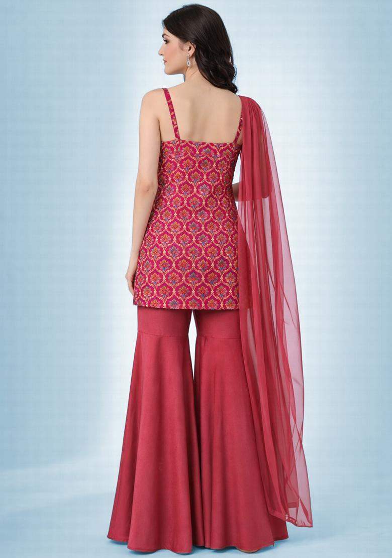 Rani Pink Zari Satin Sharara Set - Indya