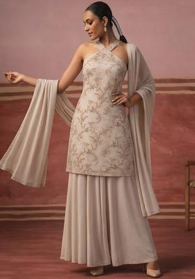 Beige Embroidered Tissue Sharara Set