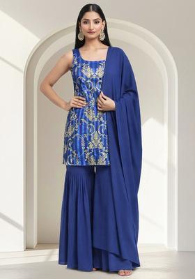 Royal Blue Zari Satin Sharara Set