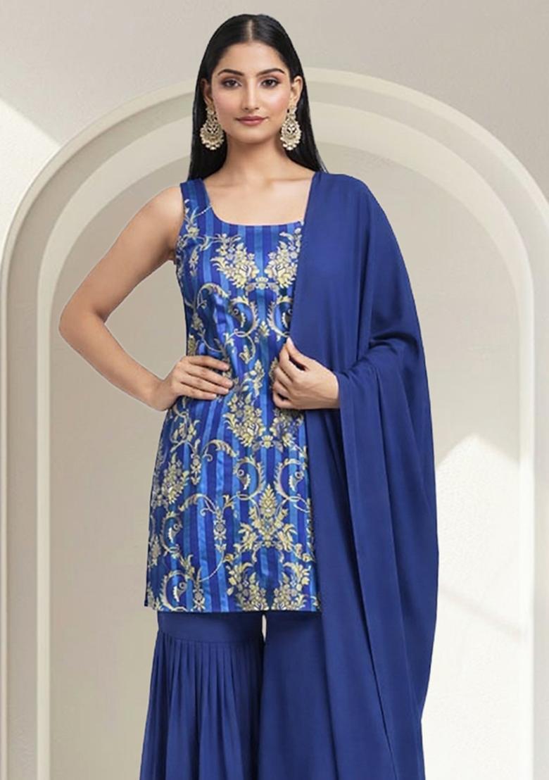 Royal Blue Zari Satin Sharara Set - Indya