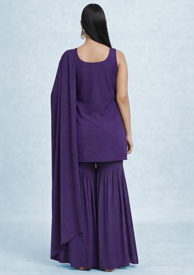 Deep Purple Zari Satin Sharara Set - Indya
