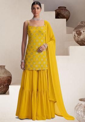 Yellow Sequin Silk Blend Sharara Set