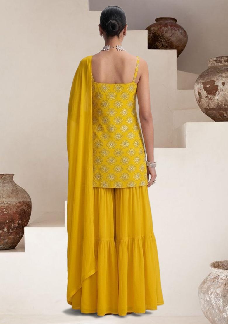 Yellow Sequin Silk Blend Sharara Set - Indya