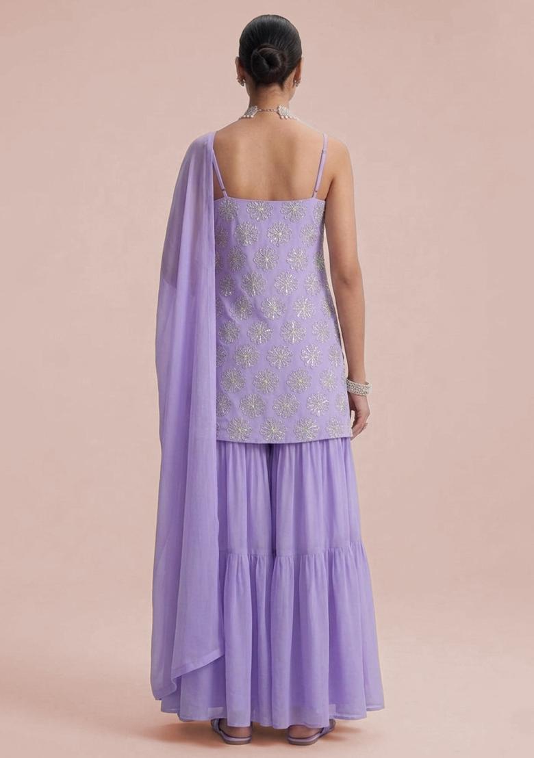 Lavender Sequin Silk Blend Sharara Set - Indya