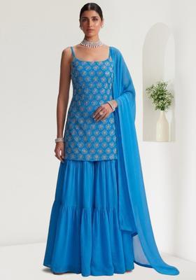 Teal Blue Sequin Silk Blend Sharara Set