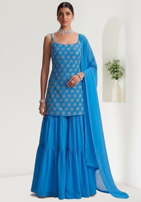Teal Blue Sequin Silk Blend Sharara Set