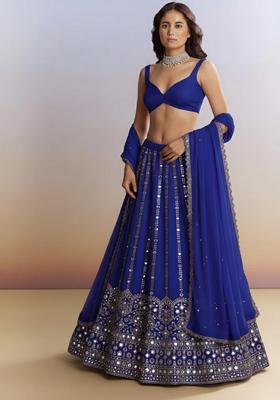 Royal Blue Embellished Silk Blend Lehenga Set
