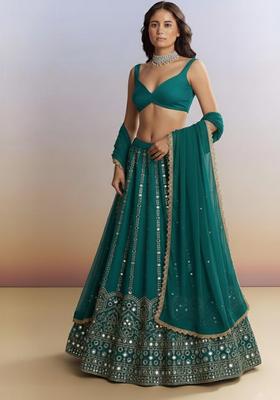 Teal Green Embellished Silk Blend Lehenga Set