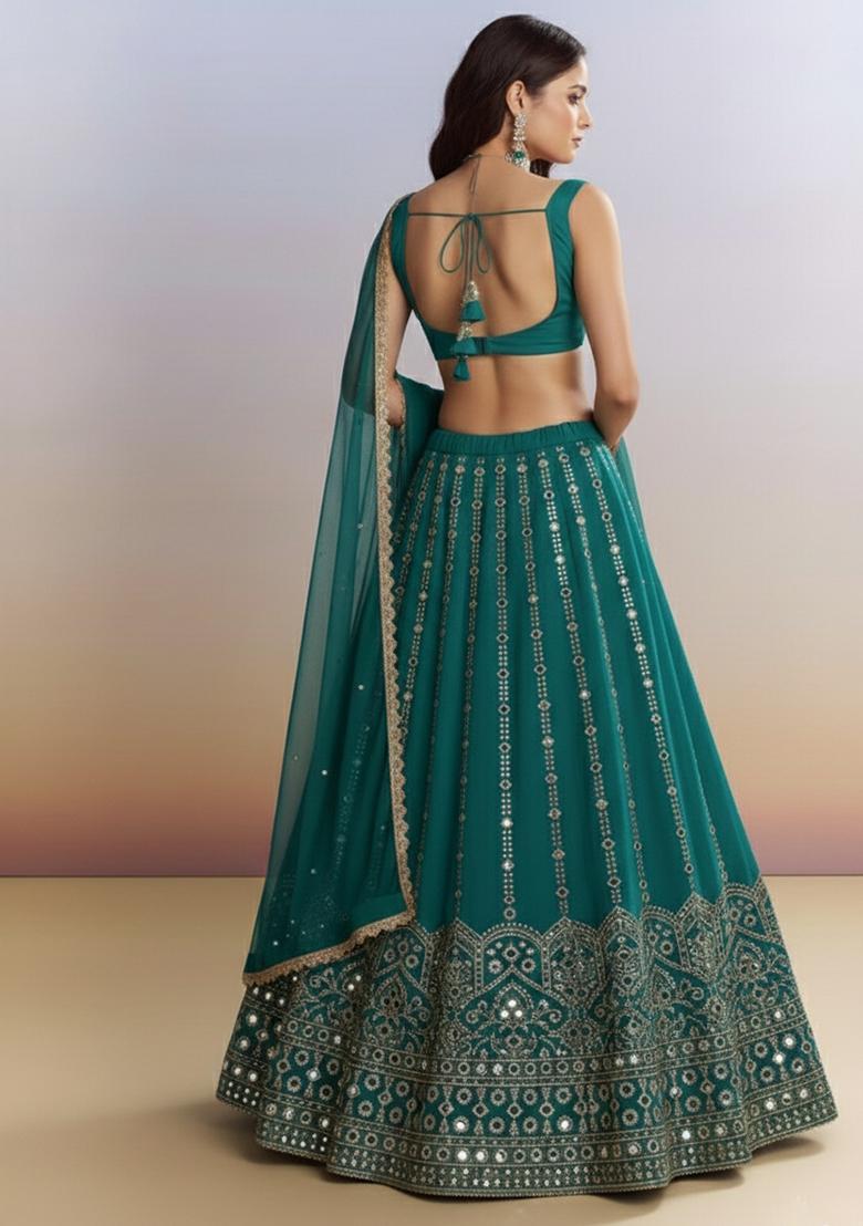 Teal Green Embellished Silk Blend Lehenga Set - Indya