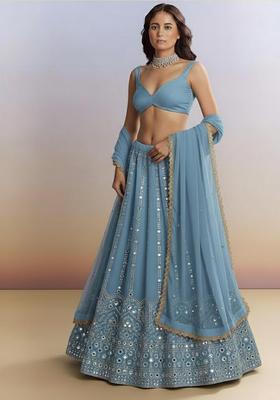 Powder Blue Embellished Silk Blend Lehenga Set