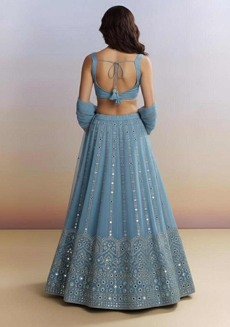 Powder Blue Embellished Silk Blend Lehenga Set - Indya