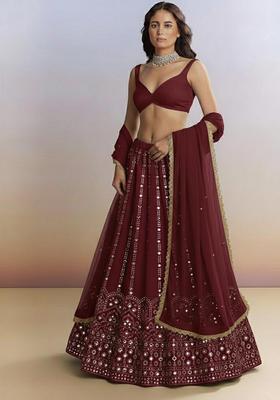 Deep Maroon Embellished Silk Blend Lehenga Set