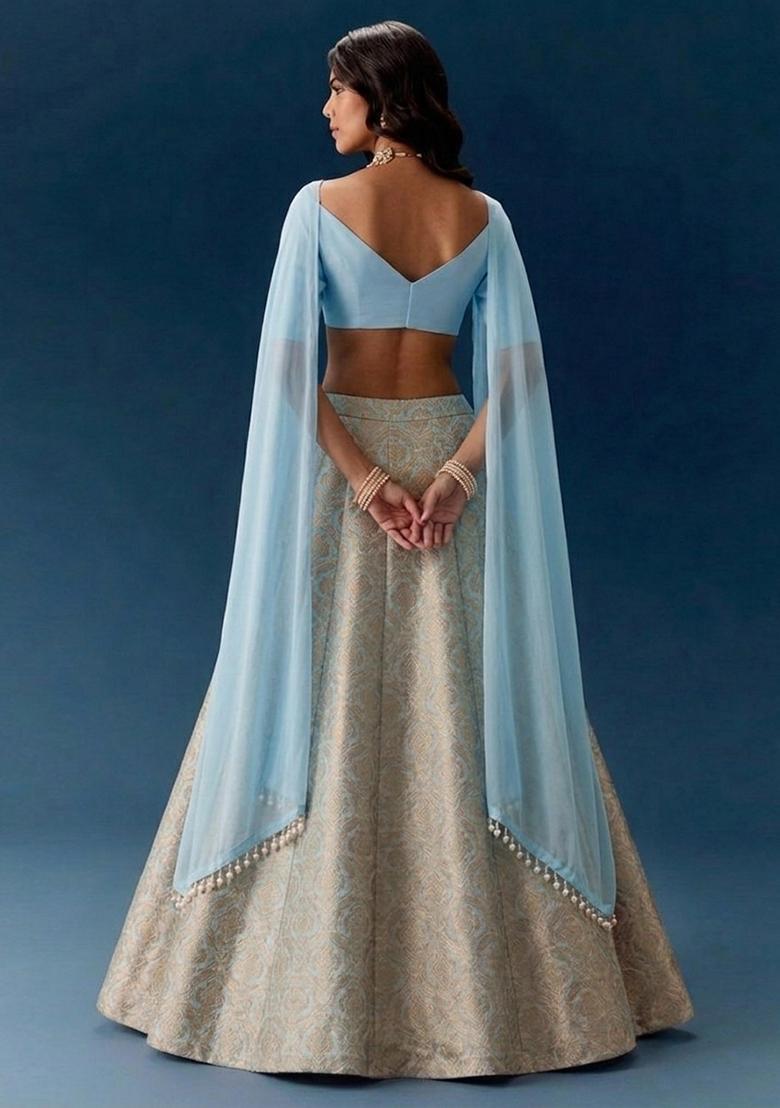 Powder Blue Jacquard Silk Blend Lehenga - Indya