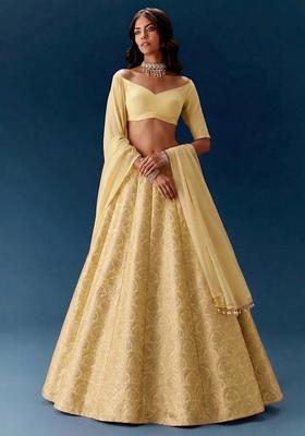 Light Yellow Jacquard Silk Blend Lehenga