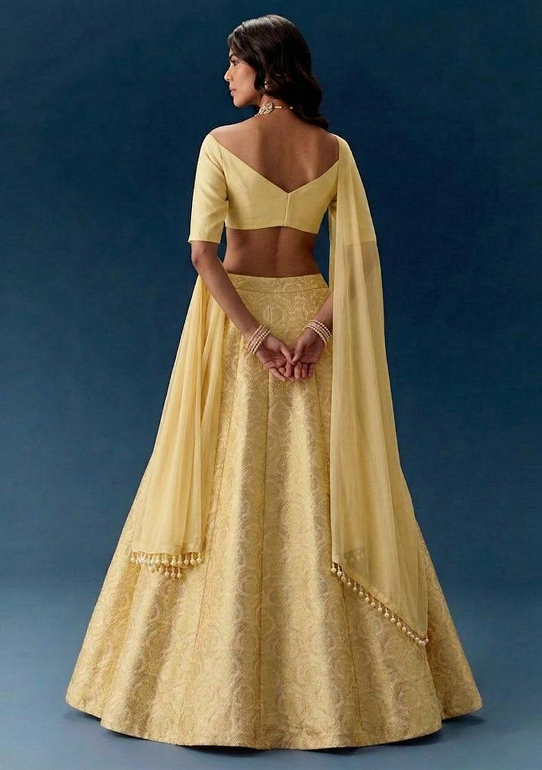 Light Yellow Jacquard Silk Blend Lehenga - Indya