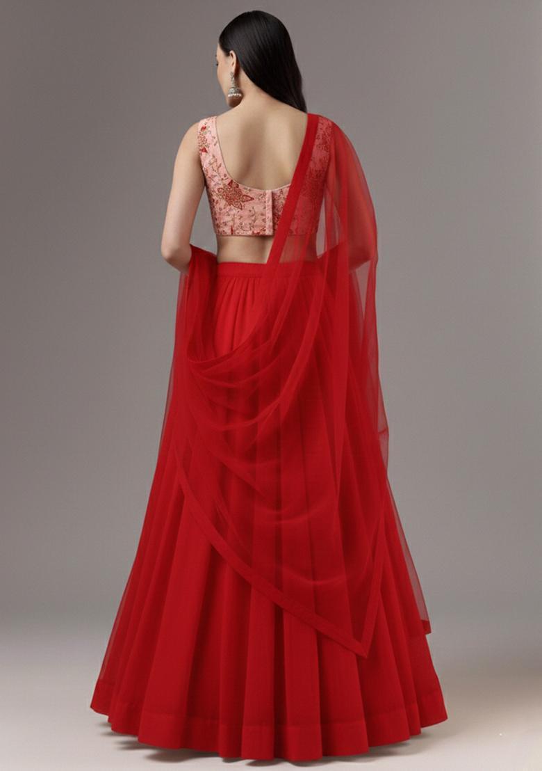 Deep Red Embroidery Crepe Lehenga Set - Indya