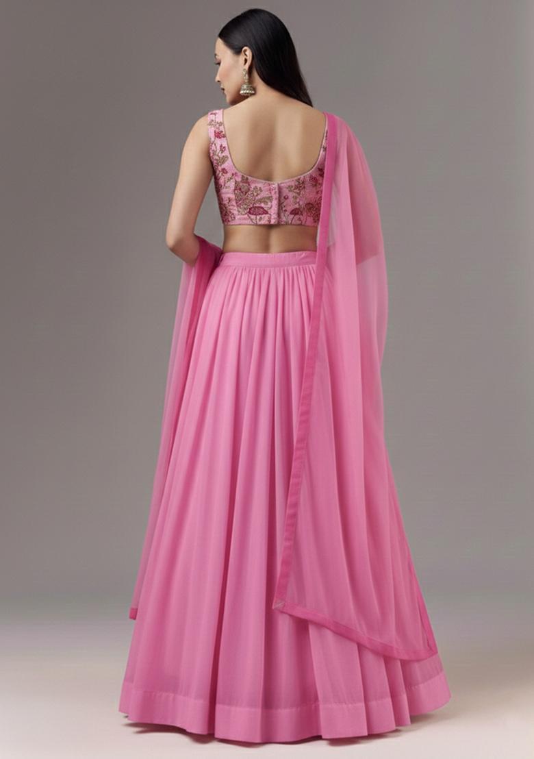 Pink Embroidery Crepe Lehenga Set - Indya