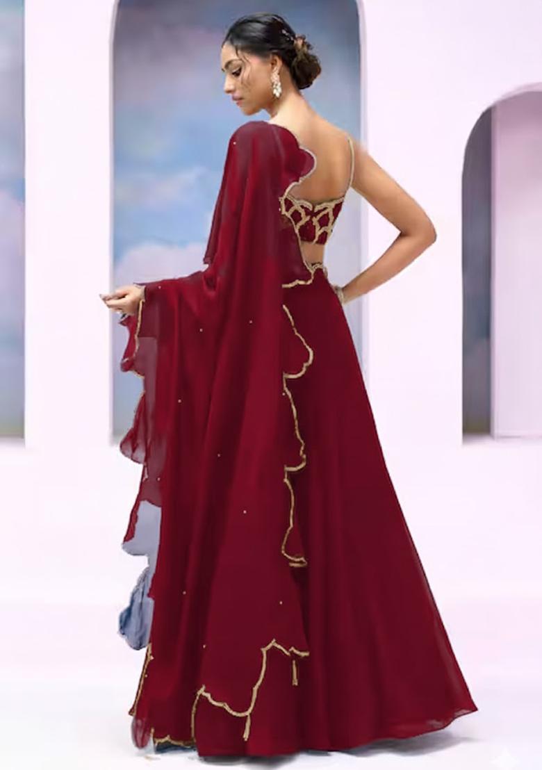 Deep Red Crepe Handwork Lehenga Set - Indya
