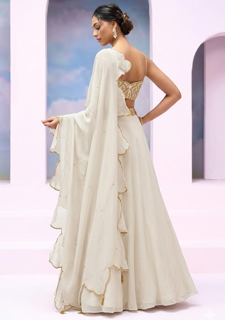 Ivory Crepe Handwork Lehenga Set - Indya