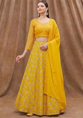 Yellow Sequin Silk Blend Lehenga Set