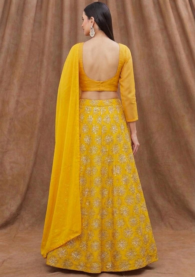 Yellow Sequin Silk Blend Lehenga Set - Indya