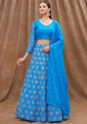 Blue Sequin Silk Blend Lehenga Set