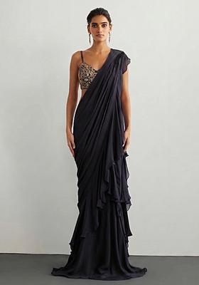 Black Chiffon Handwork Pre Draped Saree Set