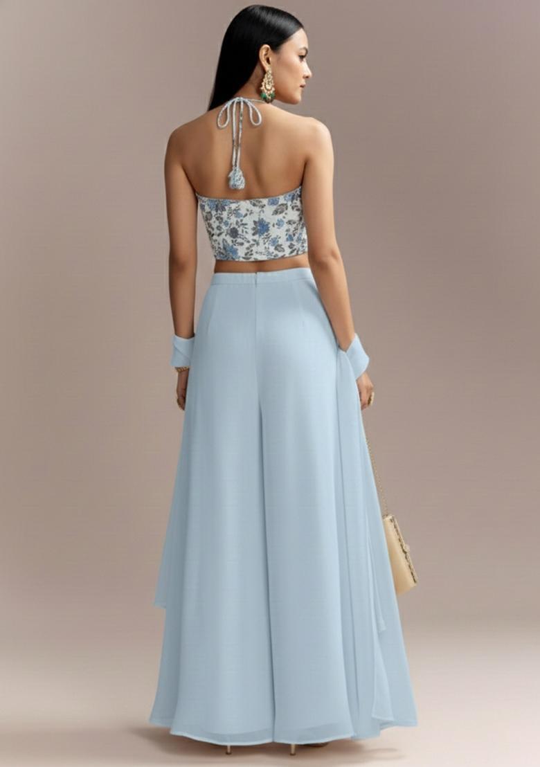 Ice Blue Floral Print Crepe Fusion Set  - Indya