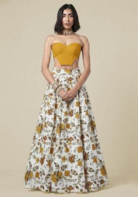 Mustard Floral Print Crepe Fusion Set