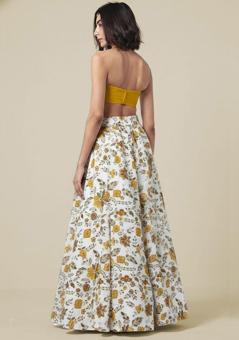 Mustard Floral Print Crepe Fusion Set - Indya