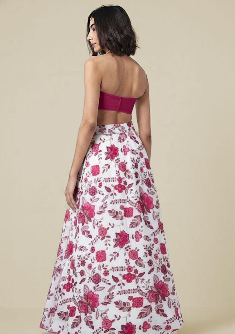 Rani Pink Floral Print Crepe Fusion Set - Indya