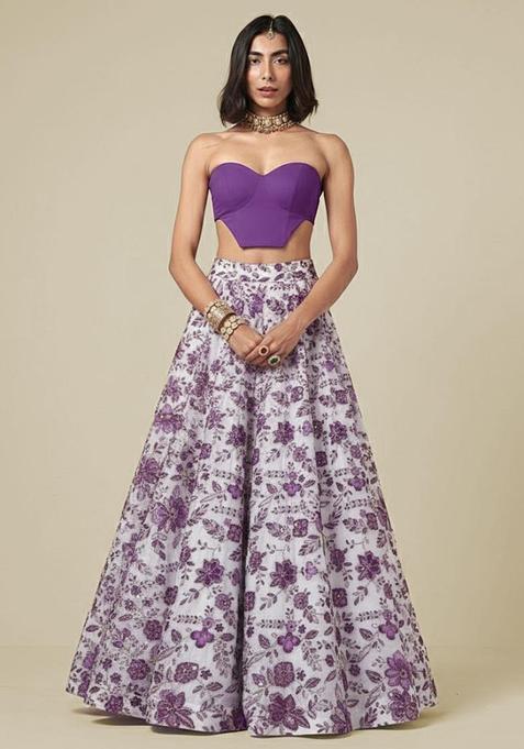 Purple Floral Print Crepe Fusion Set