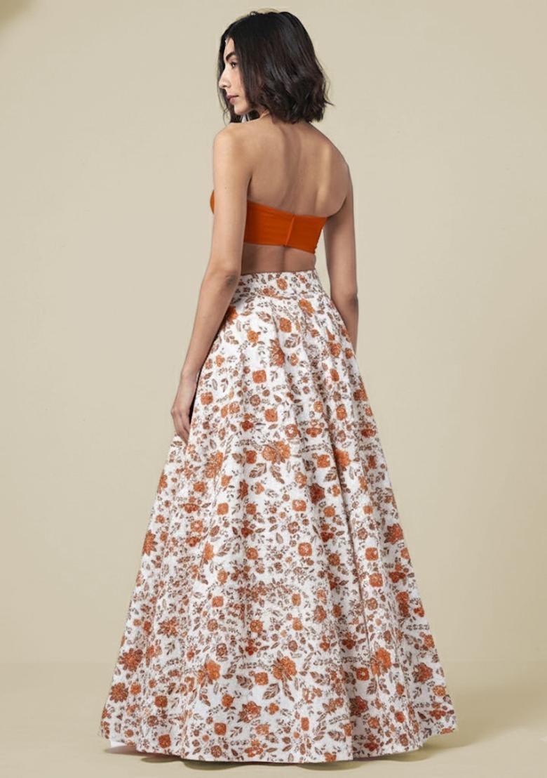 Rust Floral Print Crepe Fusion Set - Indya