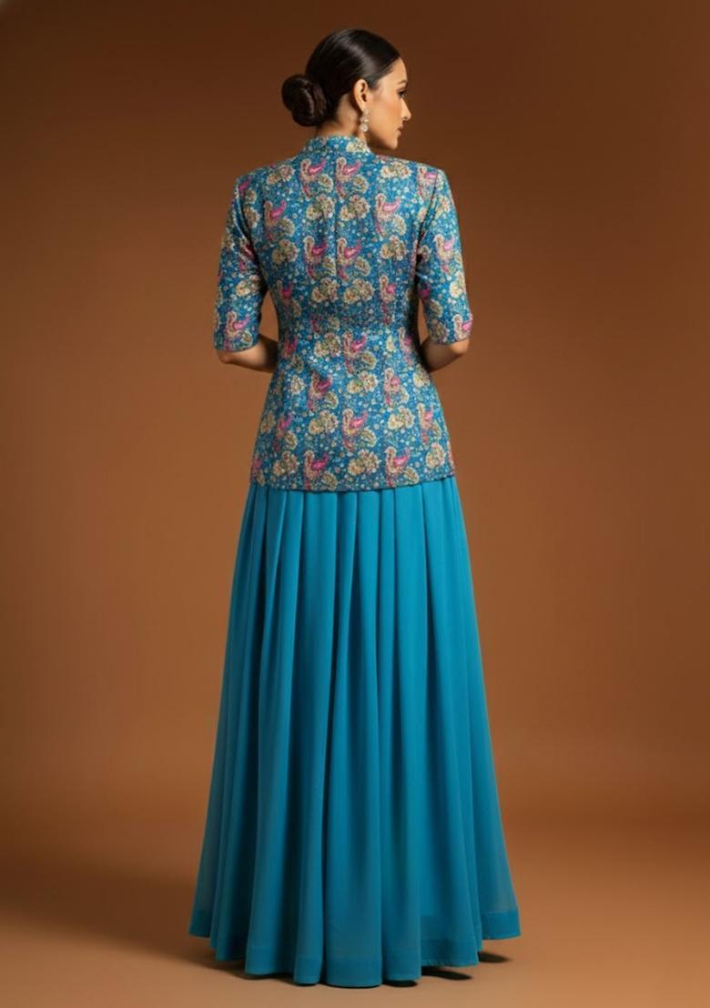 Teal Green Printed Crepe Fusion Set - Indya
