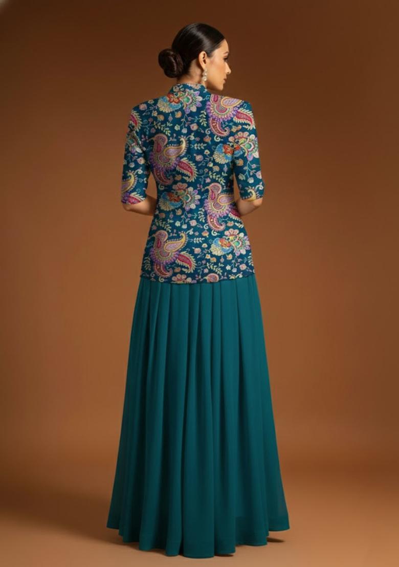 Teal Blue Printed Crepe Fusion Set - Indya