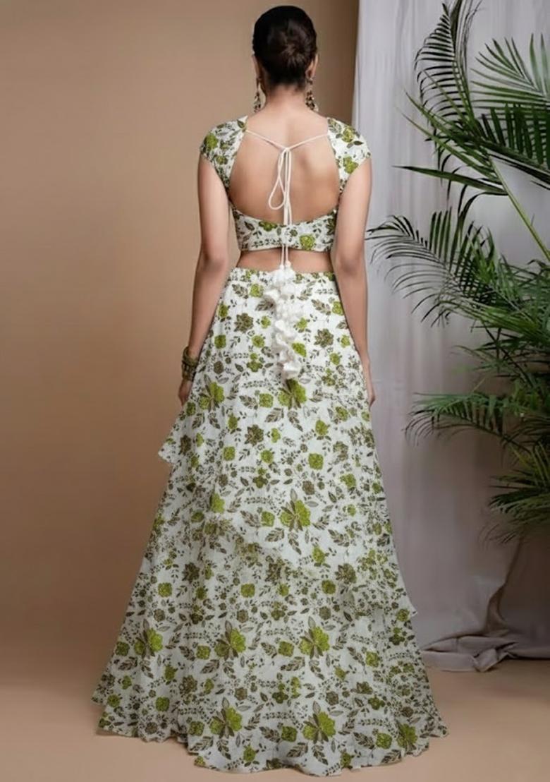 Green Floral Print Crepe Fusion Set - Indya