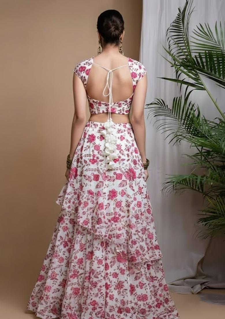 Pink Floral Print Crepe Fusion Set - Indya