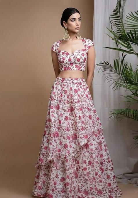 Pink Floral Print Crepe Fusion Set